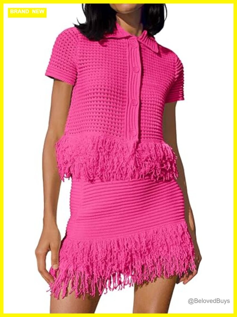 Crochet Knit Two Piece Set - Short Sleeve Button Sweater and Fringe Skirt